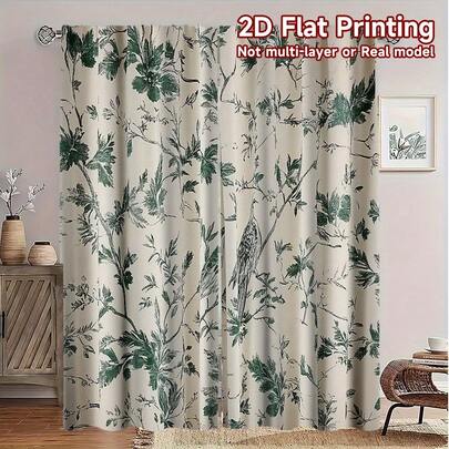 Set Of 2, Multicolor, Peacock And Botanical Print, Modern Vintage Style, Flat Print Curtains, 100% Polyester Fabric, Rod Pocket Style Flat Print Two Pieces Curtains, Unlined, 90gsm, 180cm Width, Ideal For Bedroom Curtains, Living Room Curtains, Dining Room Curtains, Bathroom Curtains, Outdoor Curtains