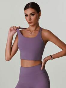 Áo bra thể thao nữ cổ tròn, dây chéo, không lưng, thoải mái, có đệm, kiểu áo croptop, thích hợp cho chạy bộ, tập luyện thể thao. - Màu tím - Xem 5