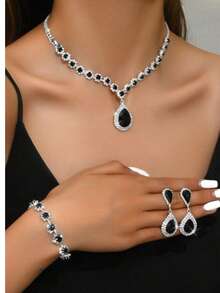 Bộ trang sức dự tiệc sang trọng dành cho nữ - Dây chuyền, bông tai, vòng tay. - màu đen - Xem 2