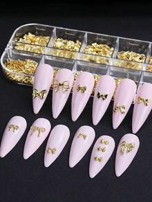 12格金色丝带蝴蝶结金属可爱美甲装饰美甲丝带蝴蝶结设计混合款式尺寸卡哇伊日式美甲配件美甲用品家居DIY美甲沙龙美甲美甲宝石美甲 - 金色 - 查看 7