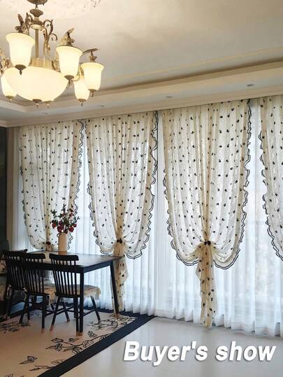 Elegant French Romantic Rose Embroidered Curtains - 1pc Set, Beige & Cream Ruffle Design For Living Room And Bedroom, Light-Filtering Rod Pocket Drapes
