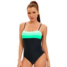 1 Sets Color Block Striped One Piece Swimsuit,  Gradient Stripe Spaghetti Strap Slim Fit Swimwear, Tummy Control Quick Dry Color Block Striped One Piece Swimsuit, Suitable For Women And Teens, Beach Vacation/Swimming Pool/Body Shaping - 黑色 - 查看 2
