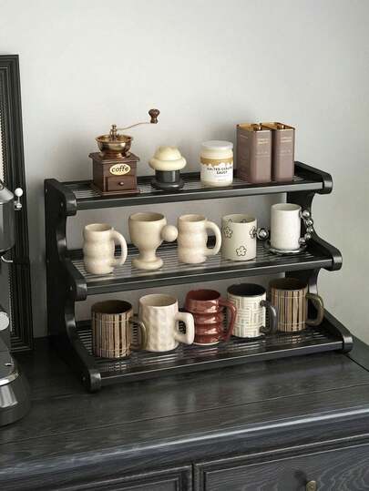 1pc New Vintage Multi-Tier Desktop Cup Holder, Made Of Wood + Acrylic, Coffee Corner Storage Rack, Luxury Multifunctional Shelving Unit, Cosmetic Organizer, Display Shelf, Acrylic Tabletop, Waterproof And Moisture-Proof, High-End Quality, Suitable For Coffee Corner, Kitchen Counter, Vanity, Hotels And High-End Venues