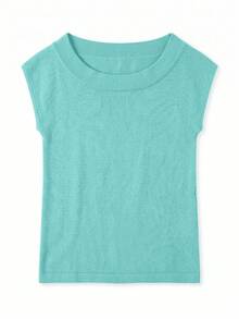 Spring/Summer Solid Color Semi-Transparent Women's Casual Fashion Daily Home Office Commute Versatile Large Scoop Neck Short Sleeve Slim Fit T-Shirt Knit Top Mint Blue Sweater - Mint Blue - View 9