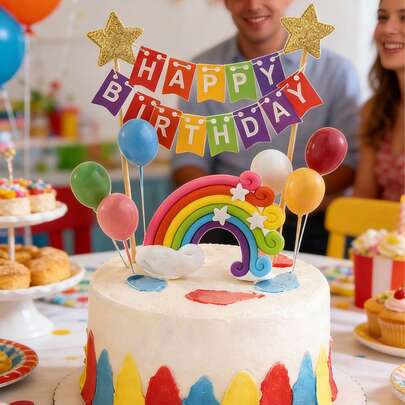 Bộ 8 món/1 món trang trí bánh sinh nhật, bóng bay hình cờ cầu vồng, bao gồm biểu ngữ sinh nhật, bóng bay hình đám mây cầu vồng, ngôi sao, cờ sinh nhật nhiều màu sắc, vòm hình trái tim trang trí bánh, thích hợp để trang trí bánh sinh nhật.