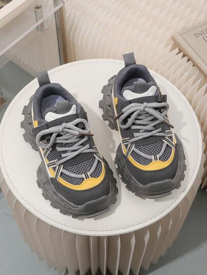 1 Pair Children's Round Toe Mesh Casual Sports Shoes, All-Season Children's Fashion Lace-Up Hook And Loop Casual Shoes, Contrast Color Design, Suitable For School, Outdoor Travel, Daily Activities