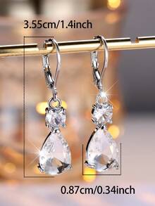 Vanel 1Pair Chic Silvery Pear Cut White Cubic Zirconia Earrings, Double Stone Leverback Earrings, Fashion Jewelry For Women, Elegant Jewelry Gift For Her - Silver-white - View 5