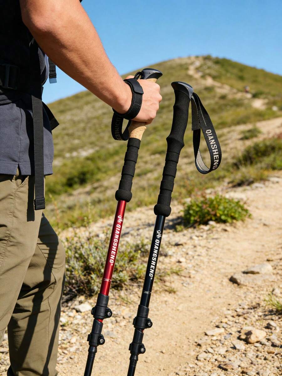 可折叠铝合金登山杖，超轻可调节，符合人体工学的EVA泡沫手柄，男女通用，适合徒步旅行和露营 - D - 查看 1