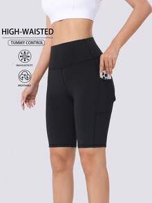 Spring/Summer Women's Solid Color Sports Shorts With Pockets, Elastic Compression Tight FitBermuda Shorts For Fitness, Pilates, Yoga, Outdoor Running, Cycling - Black - View 2