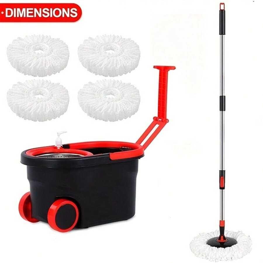 Rotary Mop And Bucket Set, Mop Bucket For Bathroom, School Bathroom, 360° Rotary Mop Bucket System, With 4 Replacement Microfiber Mop Heads And A 47-Inch Adjustable Handle, Used For Floor Cleaning, Bucket-Style Floor Cleaning Tool - 黑紅相間的滾筒,頂部配置,配有四個拖把頭 - 查看 1