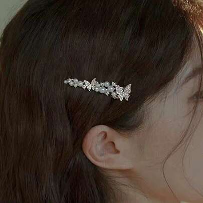 2pcs Women's Spring_Summer Rhinestone 3D Butterfly Hair Clips, Pearl Side Hair Barrettes, Hairpin, Bobby Pins, Accessories