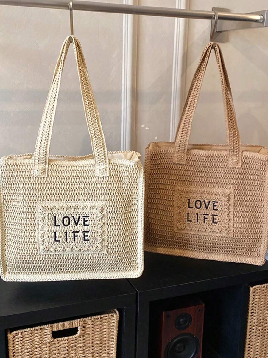 LOVE LIFE 刺绣草编手提包，手工编织纸草材质，大容量通勤包，编织肩带，休闲度假风，夏季海滩通勤，拉链封口，轻松自在，海滩旅行日常，法式休闲风，通勤、上学、外出