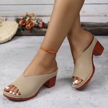 Sandalias de tacón alto con suela gruesa y transpirables de PU para mujer, tacones altos de moda con punta abierta, sandalias para uso en exteriores - Caqui - Ver 6