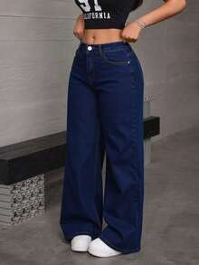 Jeans rectos de mezclilla azul oscuro efecto levantador de glúteos elásticos sueltos - Azul lavado oscuro - Ver 3