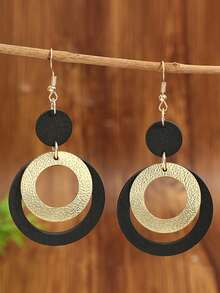 1 Đôi bông tai vòng đôi màu đen vàng kiểu cổ điển, thiết kế tối giản thời trang kiểu Âu và Mỹ. - vàng đen - Xem 7