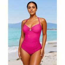 Black/Fuchsia Thin Strap V-Clip One-Piece Swimsuit Black/Red Halter Deep V One-Piece Swimsuit Waist Shaping Tummy Control Sexy Vacation Swimwear Collection. This Swimsuit Has A Fitted Design. Due To Body Shape Differences, You May Feel Slightly Tight When Wearing It, Which Is Normal. If You Are Fuller-Figured Or Prefer A Looser Fit, We Strongly Recommend Choosing 1-2 Sizes Larger. - KA-P910-07 - Xem 1