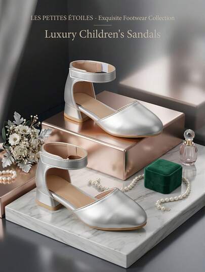 New Arrival Cute Shiny Solid Color Fashion Children's Shoes, Elegant Bohemian Style Girls' High Heel Sandals, Non-Slip Thick Rubber Sole Silver High Heel Sandals, Beautiful Girls' High Heel Shoes For School, Party, Prom, Beach Vacation