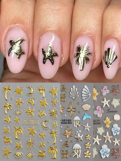 夏日海滩5D美甲贴纸 - 海贝、海星和海龟海洋图案，自粘式DIY美甲贴花，饰以金色和装饰，打造节日美甲，美甲配件