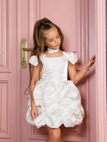 Young Girl Bow Tulle Party Dress, Suitable For Birthday, Banquet, Wedding, Flower Girl - White - View 1
