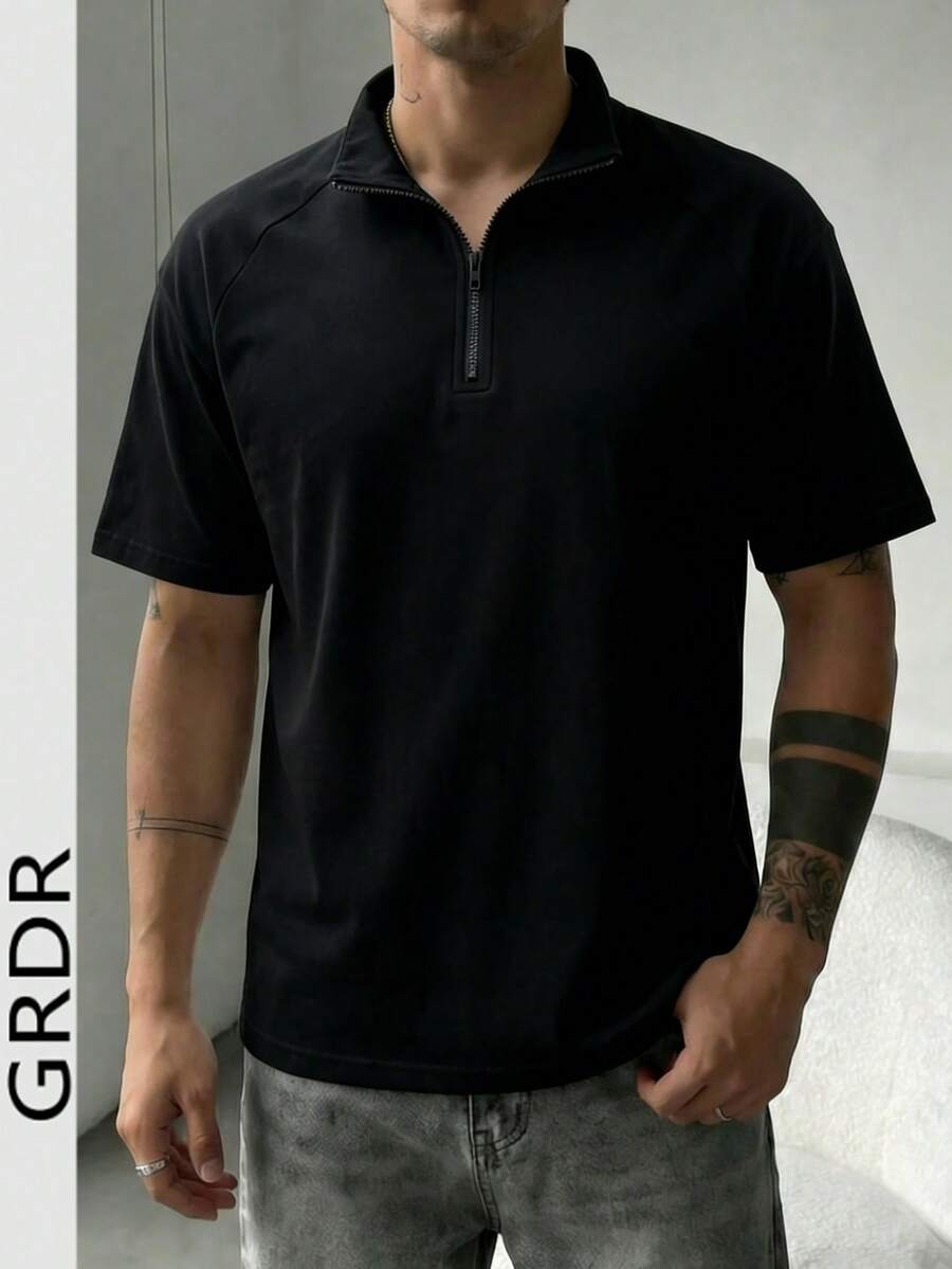 GRDR Men's Minimalist Solid Color Zip-Up Collar Short Sleeve - Fashionable Versatile T-Shirt - Black - View 1