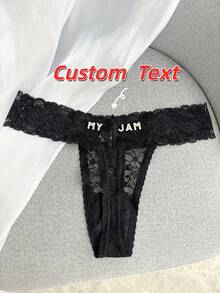 Bragas tipo G de encaje con nombre personalizado - Diseño personalizado con letras y números en inglés, malla transpirable con patrones florales, ropa interior de triángulo de talle bajo, lavar a mano, encaje sexy, regalo perfecto para parejas, ropa interior linda - Negro - Ver 4