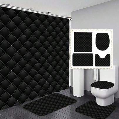 1件/4件套黑色柔软纹理浴室浴帘和地垫套装，包含浴帘、12个挂钩、防滑U型马桶垫、马桶座垫、防水涤纶面料，现代浴室和卧室家居装饰，浴室装饰 | 现代浴室装饰 | 耐用浴帘，浴室装饰
