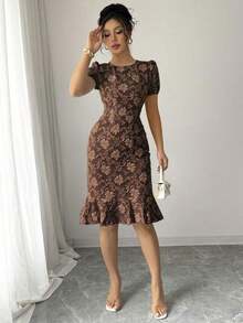 2025 Spring/Summer Women's Elegant Jacquard Solid Color Round Neck Ruffle Hem Puff Sleeve Mid-Length Dress Pink - Coffee Brown - View 6