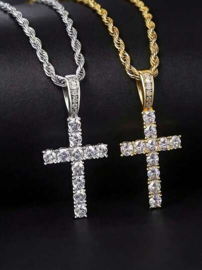 1 Piece Twisted Chain Design Inlaid With Zirconia Cross Pendant Stainless Steel Necklace, Suitable For Both Men And Women, Western Style Accessories, Summer Travel, Vacation, Daily Leisure Party, Mother's Day, Mother's Jewelry Gift