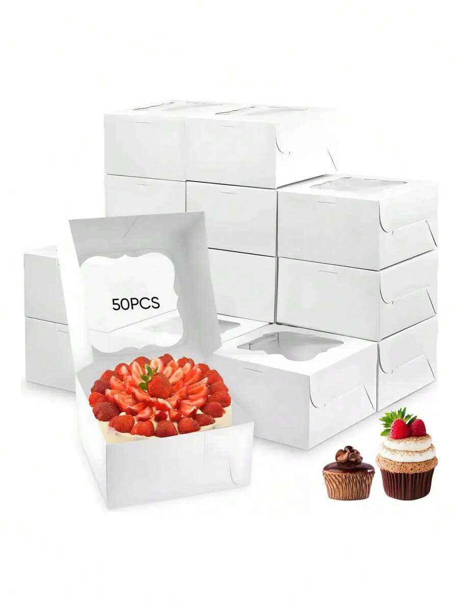 50pcs Mini Boxes With Window For Cakes, Donuts, Gifts - White - View 1