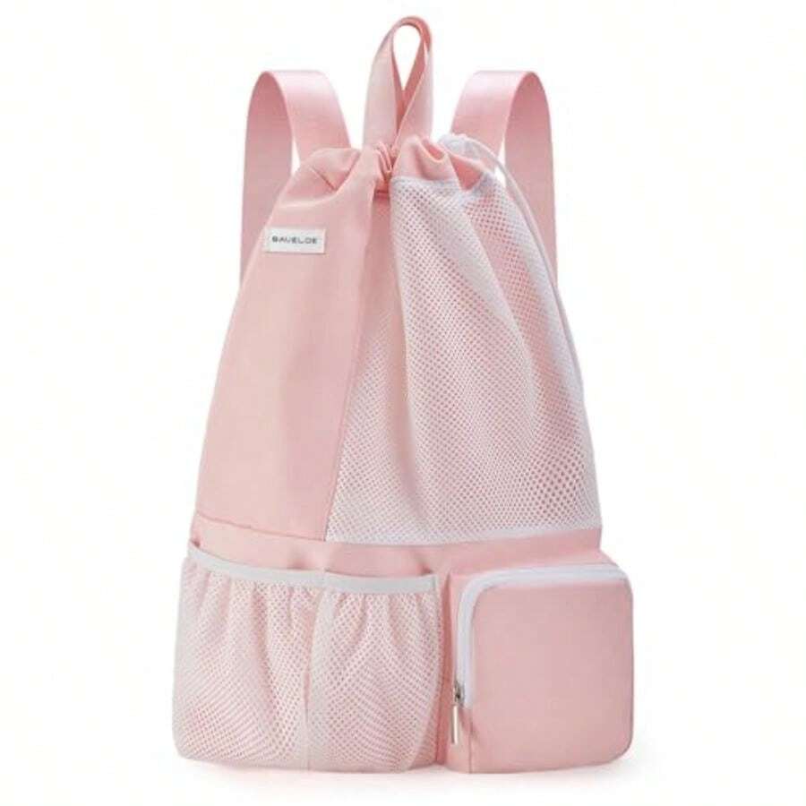 Bolsa de natación con bolsillo húmedo mochila de malla con cordón para playa natación esnórquel gimnasio para mujeres y hombres - Rosado - Ver 1