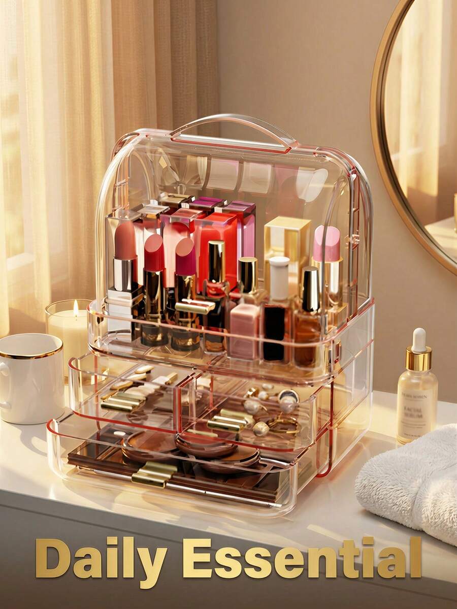 Large Capacity Multi-Drawer Transparent Makeup Organizer Box With Lid, Dust-Proof Storage For Lipstick, Makeup Brushes, Skincare, Jewelry, Foldable & Stackable, Suitable For Vanity, Bathroom, Closet, Bedroom, Dorm, Gift For Women, Girls, Valentine's Day, Easter - Multicolor - View 1