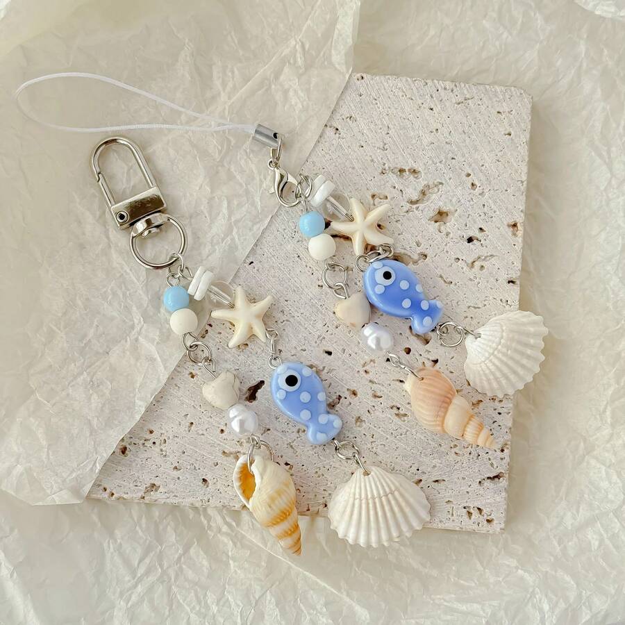 2pcs Multi-Color Shell & Starfish Phone Strap, Earphone Charm, Keychain, Camera Hanging Decor, Ins Style - متعدد الألوان - مشاهدة 1