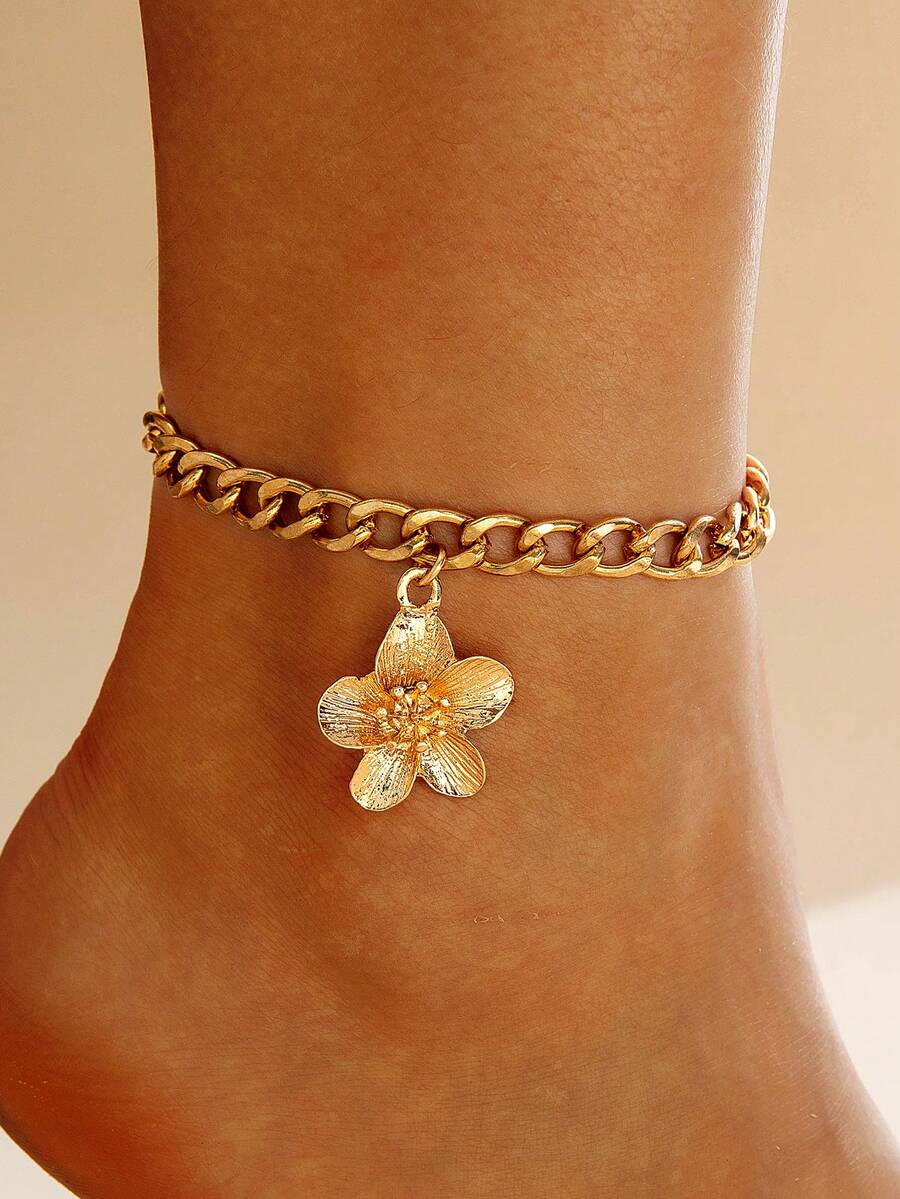 1 pezzo Cavigliera minimalista e versatile in lega di zinco con catena spessa e pendente a fiore a 5 petali, adatta come regalo per le donne in vacanza al mare