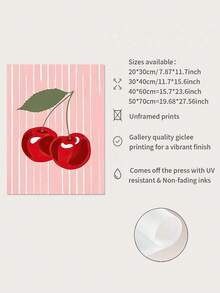 1pc Frameless Cherry Themed Canvas Art, Featuring Cute Cartoon Design With Pink Stripes, Red Cherries And Green Leaves, Suitable For Contemporary Home Decor, Can Be Placed In Living Room, Bedroom Or Workspace - Multicolor - View 6