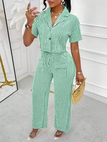 Conjunto de 2 piezas de camisa y pantalones a rayas de verano casual para mujer Amarilo, con estampado floral aleatorio - verde menta - Ver 3