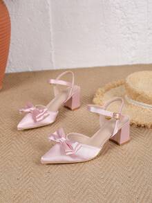 新款春夏时尚女式尖头高跟鞋，踝带粗跟凉鞋，粉色蝴蝶结休闲舒适鞋 - 粉色 - 查看 2