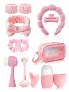 Bộ dụng cụ massage làm đẹp da mặt dành cho nữ gồm 1/3/4/7/9/12 món, bao gồm dụng cụ cạo mặt, con lăn, cọ, khay đá, băng đô, băng đeo cổ tay, kẹp tóc, dây buộc tóc, túi đựng, giá cả phải chăng. - Bộ dụng cụ massage tay màu hồng - Xem 1