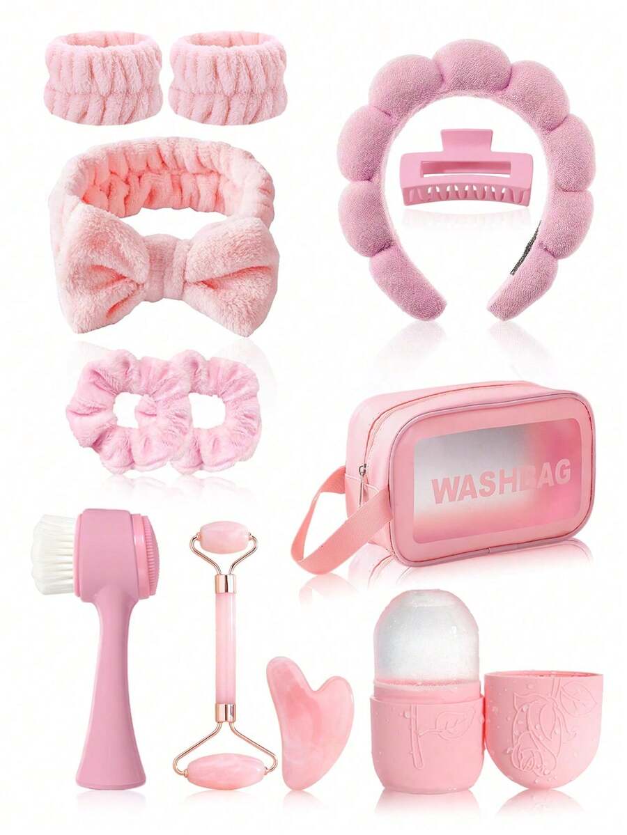 Bộ dụng cụ massage làm đẹp da mặt dành cho nữ gồm 1/3/4/7/9/12 món, bao gồm dụng cụ cạo mặt, con lăn, cọ, khay đá, băng đô, băng đeo cổ tay, kẹp tóc, dây buộc tóc, túi đựng, giá cả phải chăng. - Bộ dụng cụ massage tay màu hồng - Xem 1