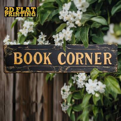 1 biển hiệu phẳng 2D - Biển hiệu kim loại phẳng 2D kiểu cổ điển "Góc sách" - Trang trí tường phong cách mộc mạc cho nhà cửa, thư viện hoặc góc đọc sách, kích thước 4" x 16", chất liệu sắt bền, dễ treo, lý tưởng cho người yêu sách và trang trí nhà cửa, trang trí kệ sách, biển hiệu phẳng 2D