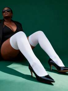 1双女士黑白丝绒过膝袜，可爱学院风，适合假期和日常穿着 - 彩色 - 查看 4