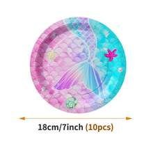 粉蓝渐变美人鱼鳞片一次性餐盘、餐巾纸和杯子套装，可供10位客人使用，一次性纸盘，派对用品，适合生日、婚礼、聚会、家庭野餐等场合。 - 查看 7