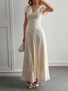 Livesso Spring V-Neck Petal Sleeve Bridesmaid Wedding Guest Party Elegant Waist Cinched Satin Mid-Length Dress Maxi Dress Sundress - 淺黃色 - 查看 5