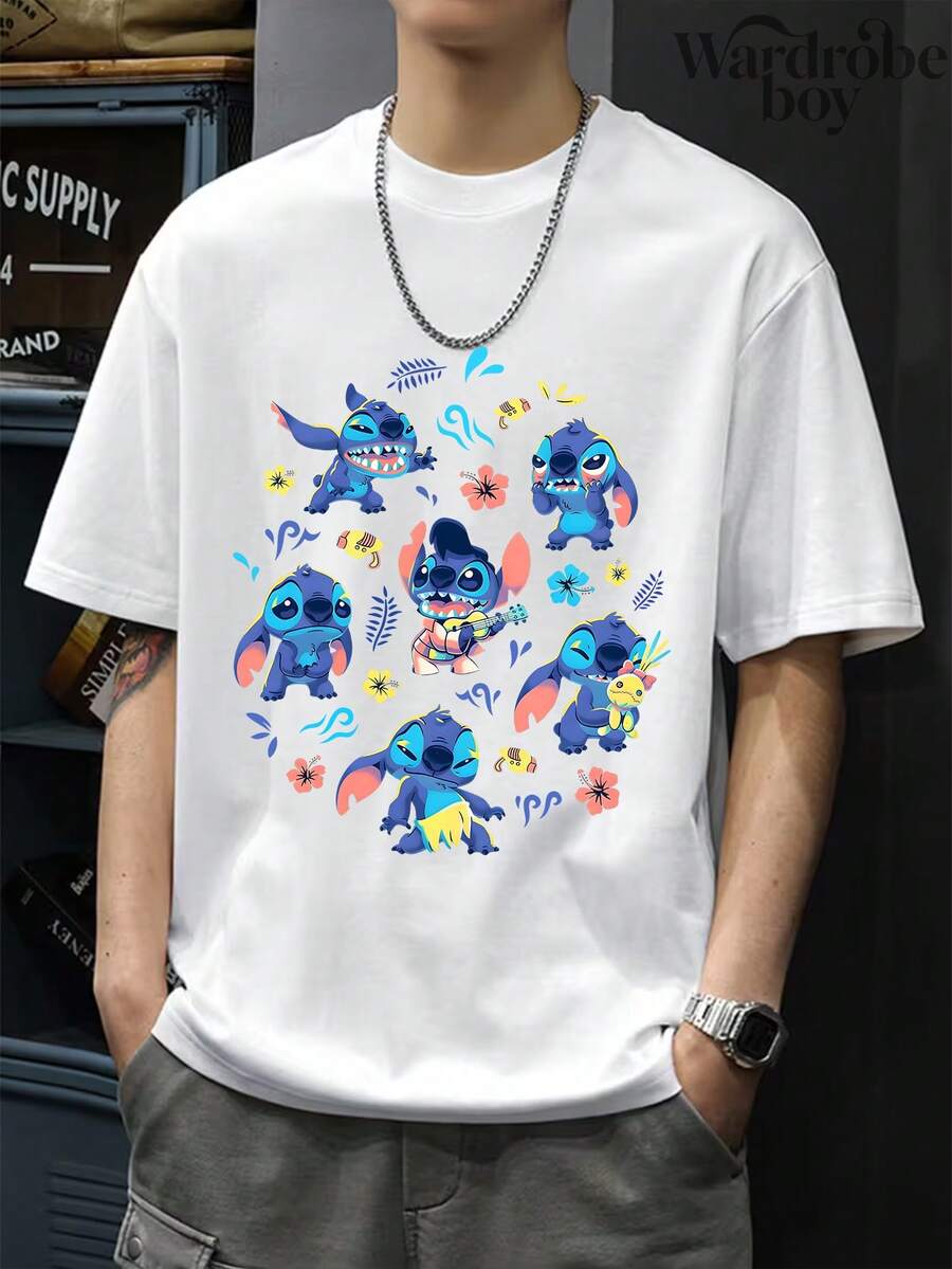 Disney Authorized Short Sleeved Printed T-Shirt, Stitch Printed T-Shirt,Graphic Tees, Cotton Graphic Tees,Funny Graphic Tees,Suitable For Family Travel And Vacation. Mother's Day T-Shirt, Suitable For Both Men And Women. Cotton T-Shirt, Comfortable And Breathable. - 白色的- - 查看 1