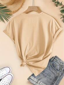 2026 Summer TopsWomen's Summer T-Shirt, Lucky Cat Short-Sleeve Top With Daruma Element Scarf And Three-Color Cat Print, Round Neck Sporty Casual Versatile T-Shirt, Medium Stretch Fabric, Comfortable And Breathable, Women's Lucky Fit Top, Party GiftLoose And Comfortablesummer Outfits For Women Spring Outfits For Women - 杏色 - 查看 3