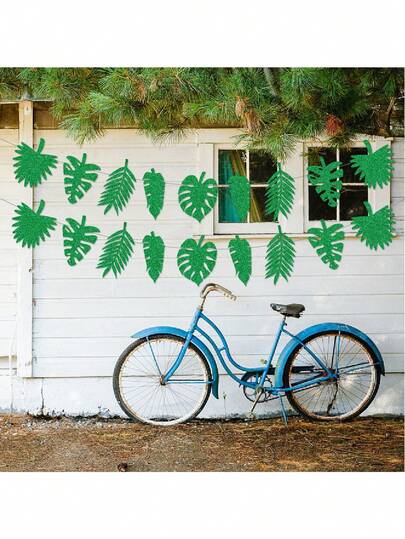 1 Set Green Glitter Tropical Leaves Pennant Garland, Monstera Leaves & Palm Leaves Combo Decor, Hawaiian Theme Party, Summer Pool Party Photo Prop, Beach Wedding Birthday Backdrop, Jungle Vibe Wall Hanging, Hawaiian Party Supplies, Tropical Ambiance Decoration