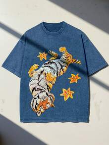1pc Men' & Women' Y2K Vintage Tiger & Flower Print T-Shirt - Loose Fit Short Sleeve Round Neck Tee Suitable For Summer, Casual Streetwear With Tiger Flower, Machine Washable Loose Fit Top (Unisex)Mens Clothes Shirts - 藏蓝色 - 查看 16