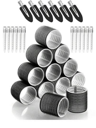 12 piezas Rulos de pelo jumbo, rulos de pelo con agarre automático y 18 clips para dar volumen al cabello largo