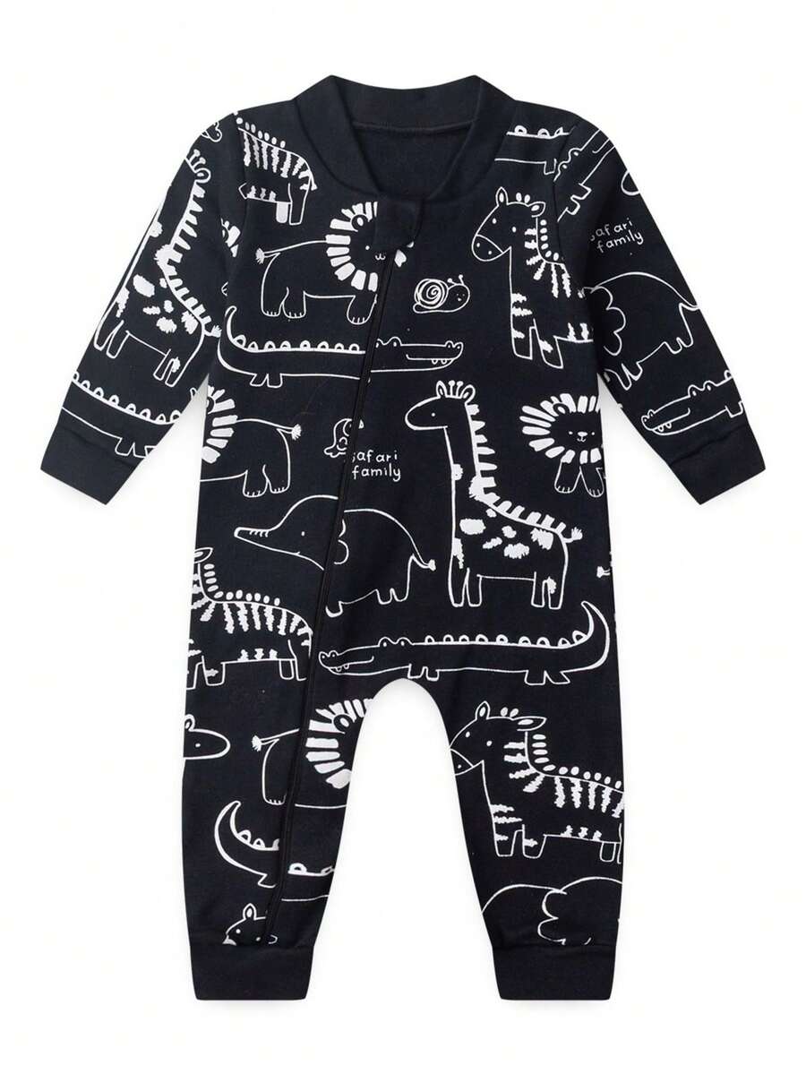 Baby Jumpsuit In Printed Suedine Fabric With Zipper (Newborn/Small/Medium/Large) - Black and White - View 1