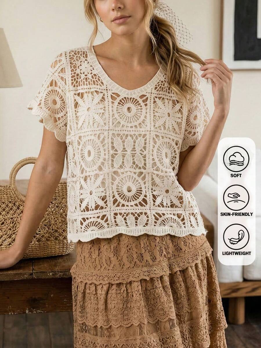 Áo kiểu nữ mùa hè phong cách Bohemian khoét eo | Áo tay ngắn dáng rộng phù hợp cho kỳ nghỉ, lễ hội, dạo biển và phong cách đường phố châu Âu. - Màu be - Xem 1