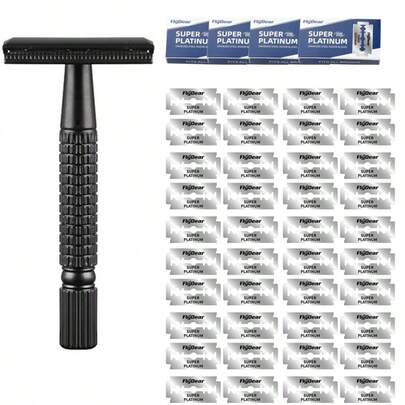 Double-Edged Metal Razor Traditional Men'S Double-Edged Razor Manual Beard Shaver Aluminum Alloy Handle Manual Old-Style Razor Men'S Double-Edged Razor, Suitable For 10 Occasions Perfect For Men'S Grooming, Essential Tool For Daily Shaving